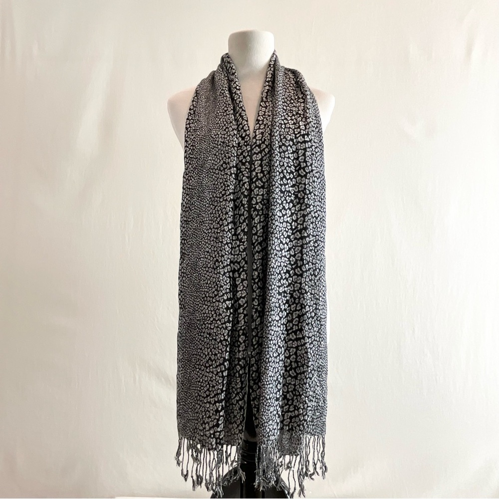 New York & Company Black Silver Leopard Print Fringe Scarf